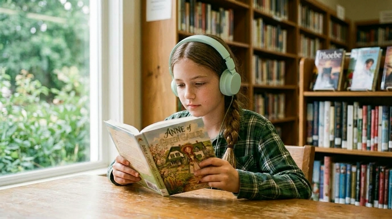 헤드폰을 착용하고 책상에서 빨간 머리 앤(Anne of Green Gables) 원서를 읽으며 오디오북을 듣는 12세 소녀